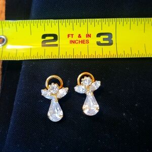 Small White Clear Rhinestone Gold Tone Angel Pierced Earrings